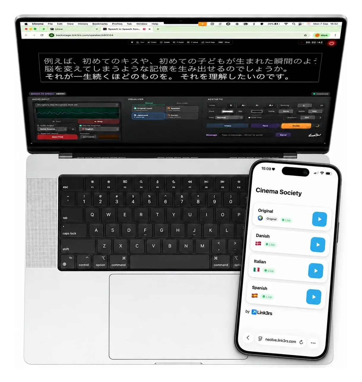 A MacBook seen from above running the Backstage speaker interface, with an attendee's phone showing the language list